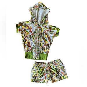 Apple Bottoms Terry Cloth Set Hoodie Zip Shorts Green Jewels Bling Y2K